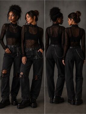 Sheer Mesh Long sleeve sheer mock neck top.